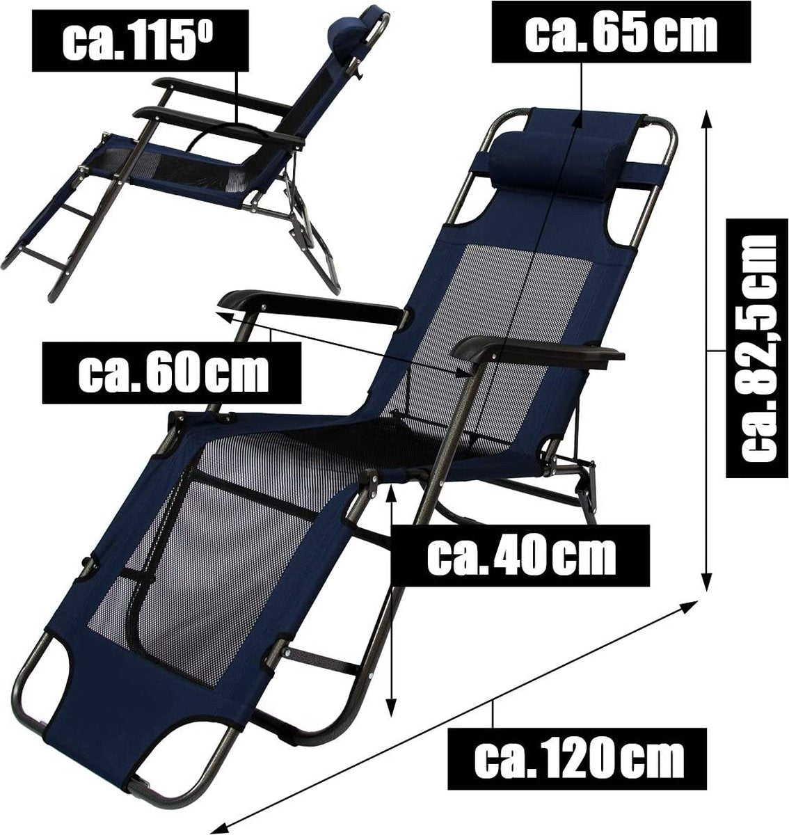 Ligstoel 155x60cm - Opvouwbaar Campingstoel Ligbed Strandstoel Tuinstoel Vouwligstoel Blauw