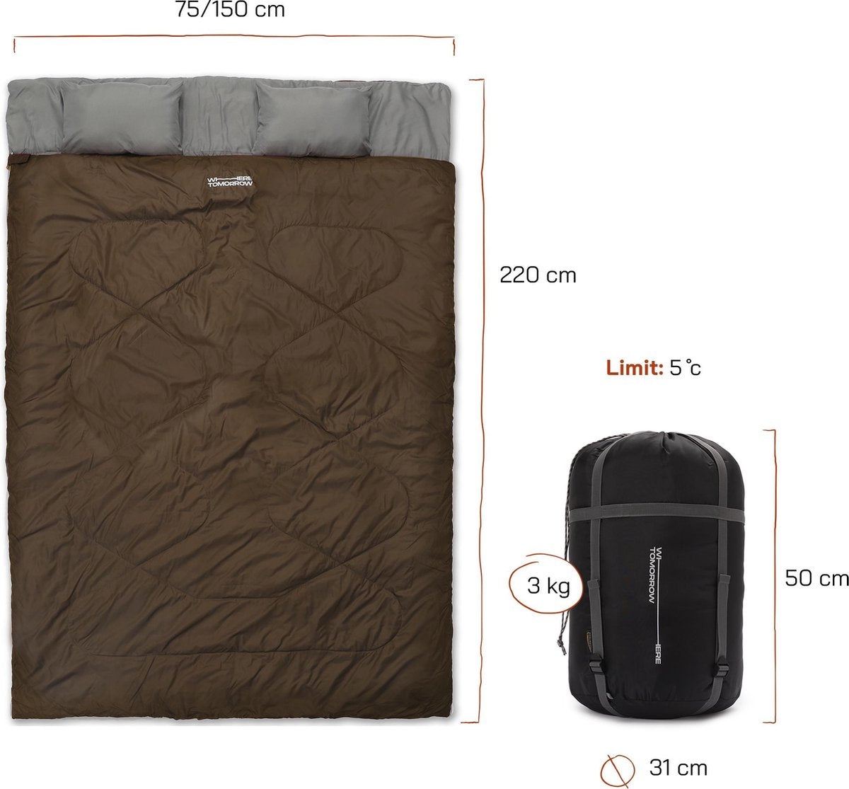 Where Tomorrow Double Slaapzak 220 X 150 Cm Diverse Kleuren - Bruin