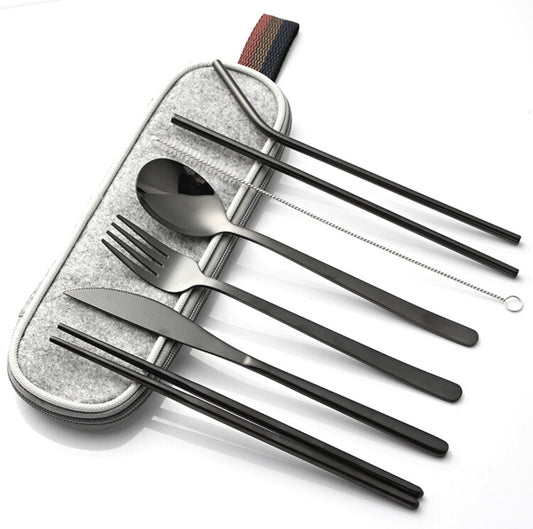 House Of Husk Reisbestek - Reis Bestekset - Chopsticks - Metalen Rietjes Met Borstel - Lepel - Vaatwasserbestendig - RVS - 7 Delig - Zwart