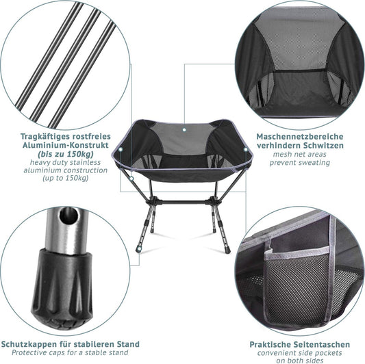Smartpeas Campingstoel Van Stevig 600D Polyester En Aluminium - Lichtgewicht En Opvouwbaar - Camping Gadget Inclusief Zijzakken +Plus: Strandmat & Draagtas