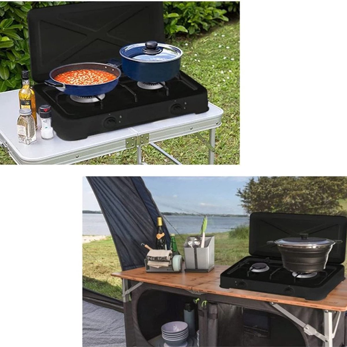TronicXL Turbo Campingkooktoestel Met 2 Vlammen Aluminium Brander Gasaansluitslang En Drukregelaar, Gasfornuis, Gas, Zwart, Inclusief Draadgaas