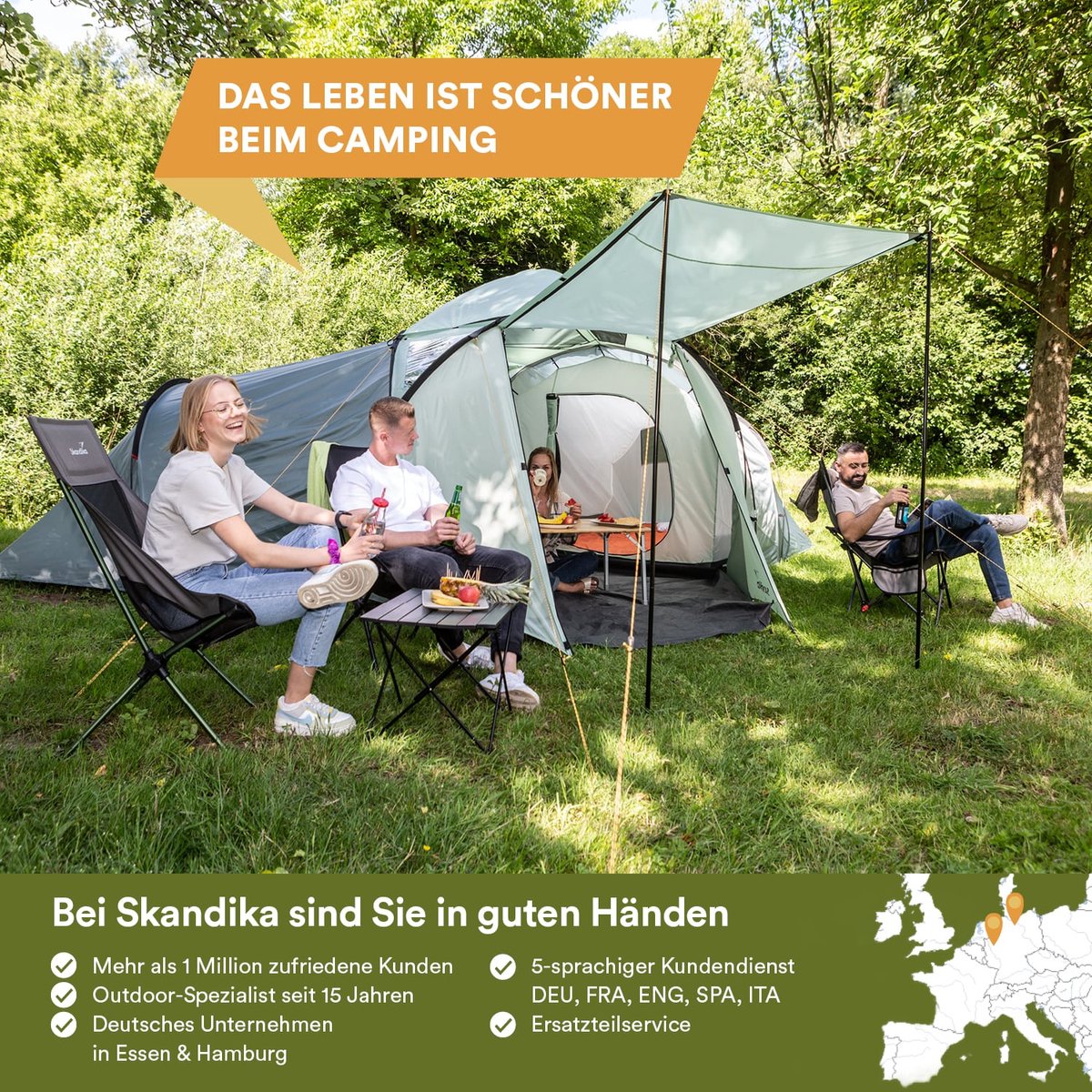 Skandika Bern 4 Koepeltent - Koepeltent - Tenten - 4 Persoons Kampeertent Met Panoramisch Dakraam, 2 Slaapcabines, Grondzeil, 210 Cm Stahoogte, Waterdicht, 4000 Mm Waterkolom - Grote Outdoor Familie Tent, Kampeertent - Grijs