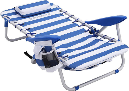 Naqsh Store Strandstoel Met Hoofdkussen, Aluminium, Draagbare Vouwstoel, Campingstoel, Opvouwbaar En Verstelbaar, Zoals Een Rugzak Draagbaar, Buitenstoel, Blauw En Wit Gestreept GCB62BU