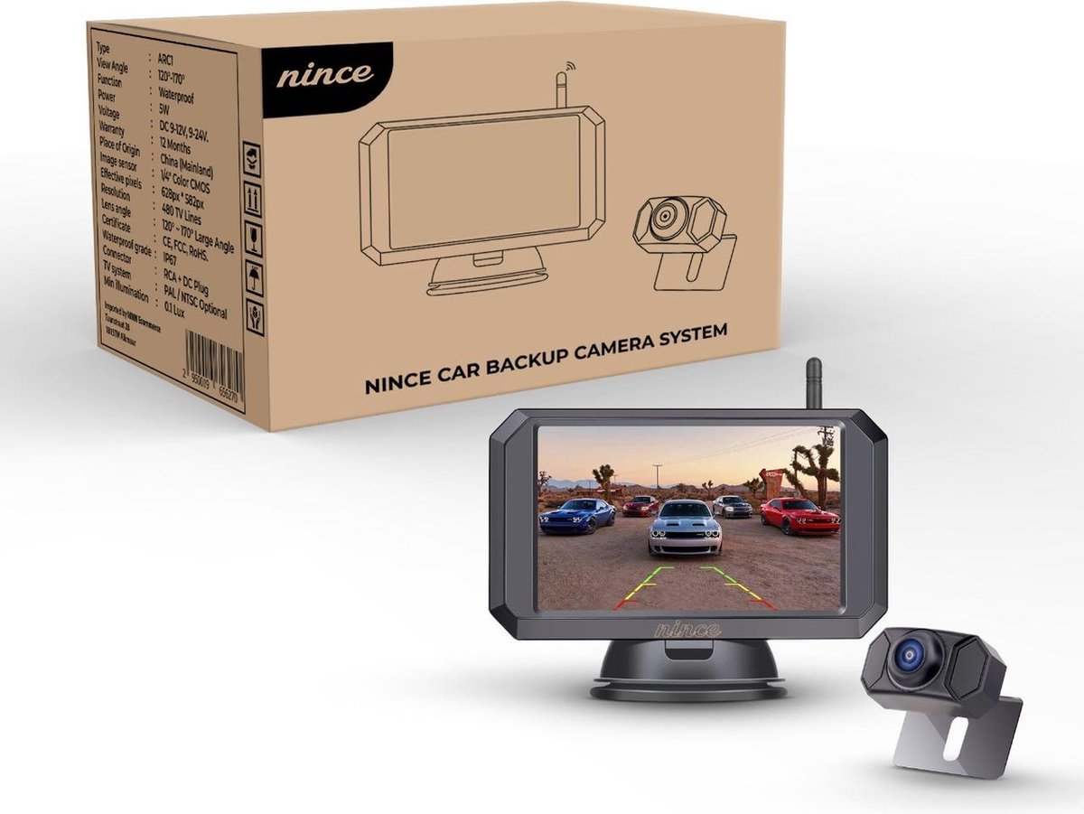Nince ARC1 Draadloze Achteruitrijcamera Draadloos 2022 Model - 5 Inch Digitale Achteruit Rijcamera Met IR Nachtzicht - 2 Kanaals
