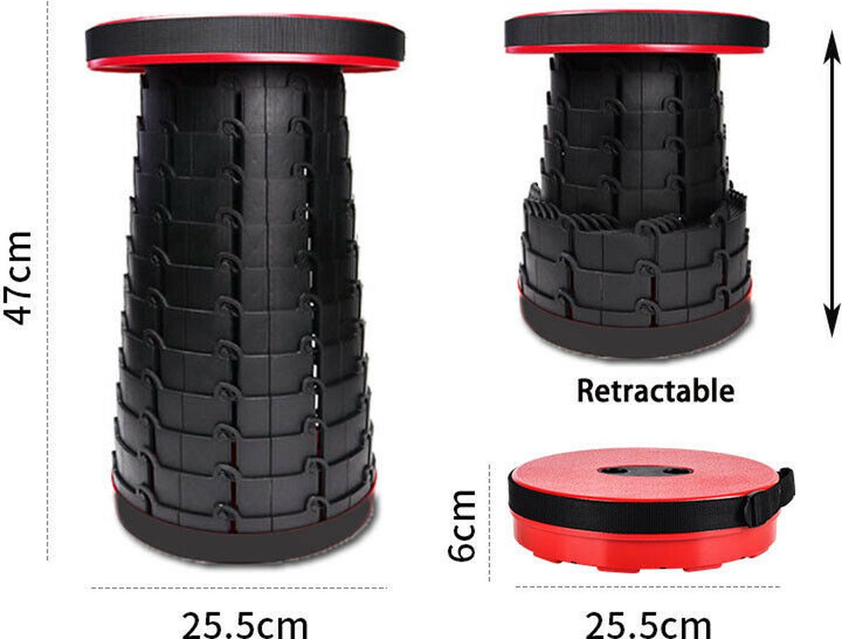 Kampeerkruk - Uitschuifbare Kruk - Rood/Zwart- Tot 120 Kg - Travel Stool - Opvouwbare Campingkruk - Inklapbaar Krukje - Telescopische Kruk - Camping - Outdoor