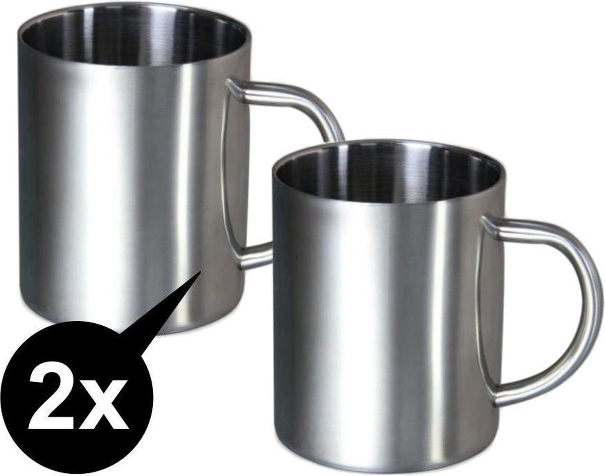 Merkloos RVS Beker-RVS Mok-Koffiebeker-Koffiemok-set 2 Stuks