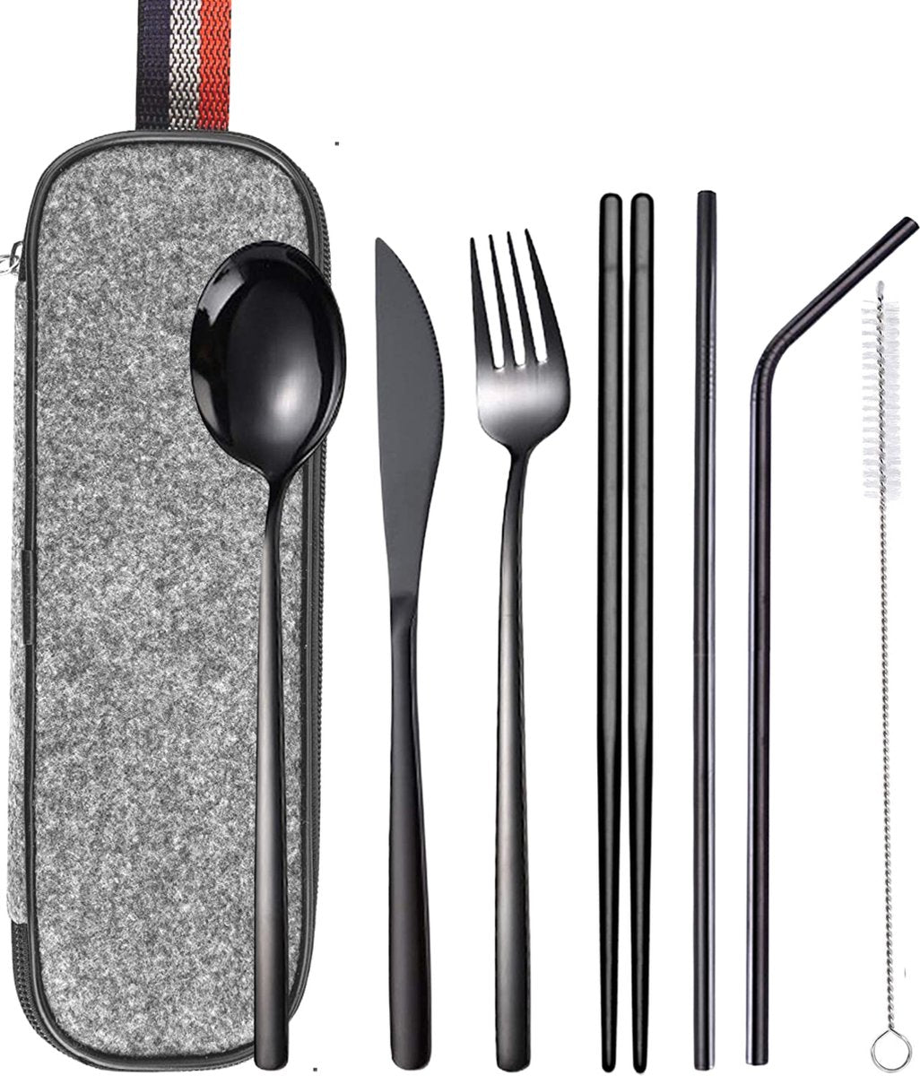 House Of Husk Reisbestek - Reis Bestekset - Chopsticks - Metalen Rietjes Met Borstel - Lepel - Vaatwasserbestendig - RVS - 7 Delig - Zwart