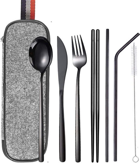  House Of Husk Reisbestek - Reis Bestekset - Chopsticks - Metalen Rietjes Met Borstel - Lepel - Vaatwasserbestendig - RVS - 7 Delig - Zwart