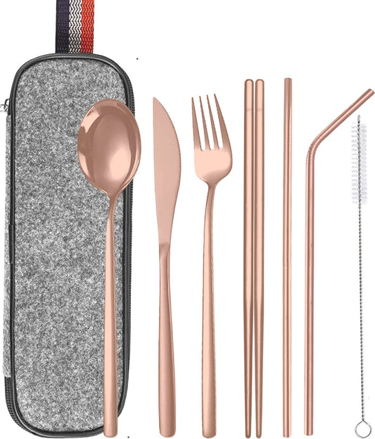  House Of Husk Reisbestek - Reis Bestekset - Chopsticks - Metalen Rietjes Met Borstel - Lepel - Vaatwasserbestendig - RVS - 7 Delig - Rose Goud