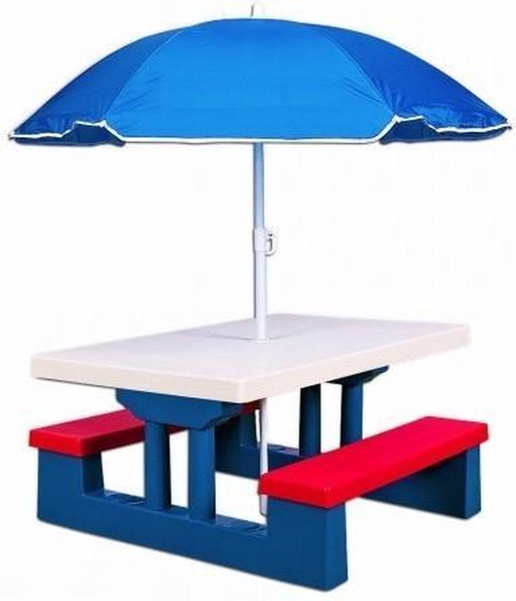 Merkloos Kinder Picknicktafel Met Parasol - Blauw