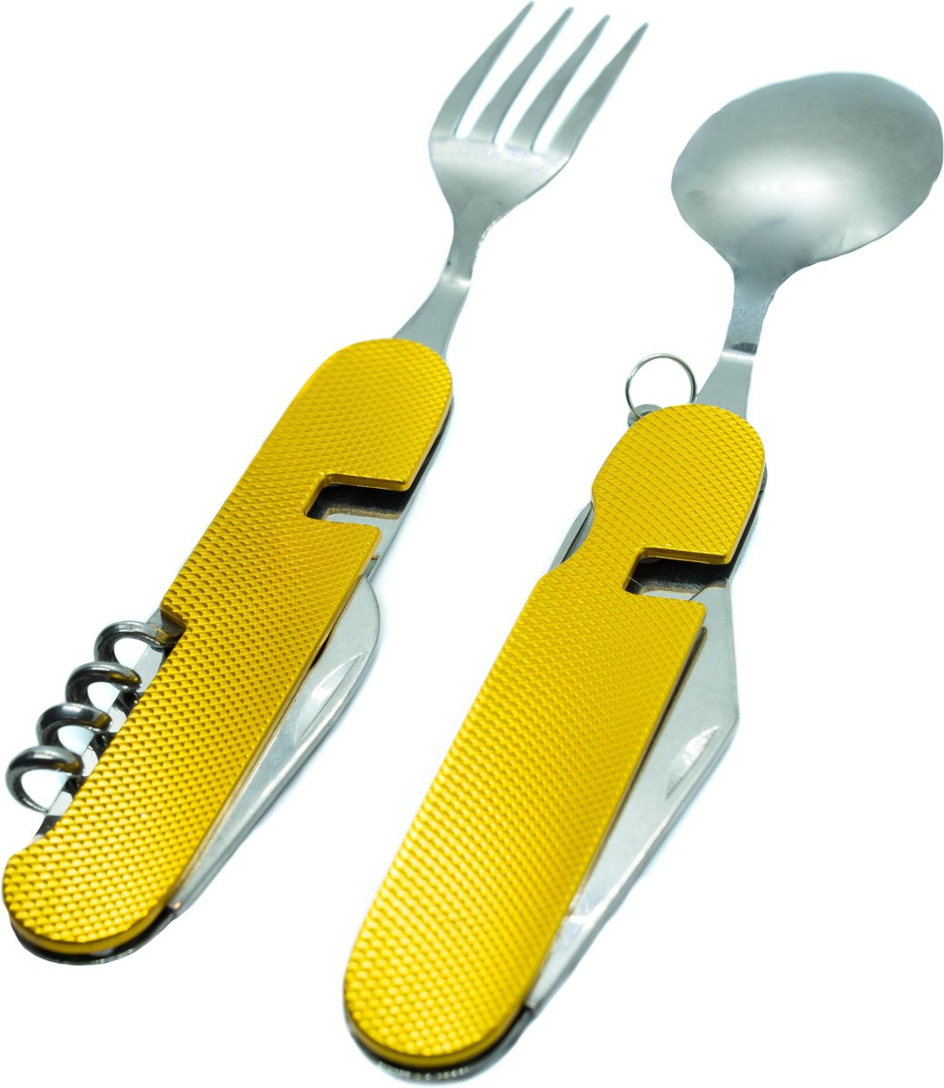  Camping Bestek Zakmes | Roestvrijstaal Survival Bestek | Mes, Vork, Lepel, Krukentrekker, Bieropener, Spork | Opvouwbaar Kampeer Bestek Multitool | Cadeau Voor Man &amp; Vrouw