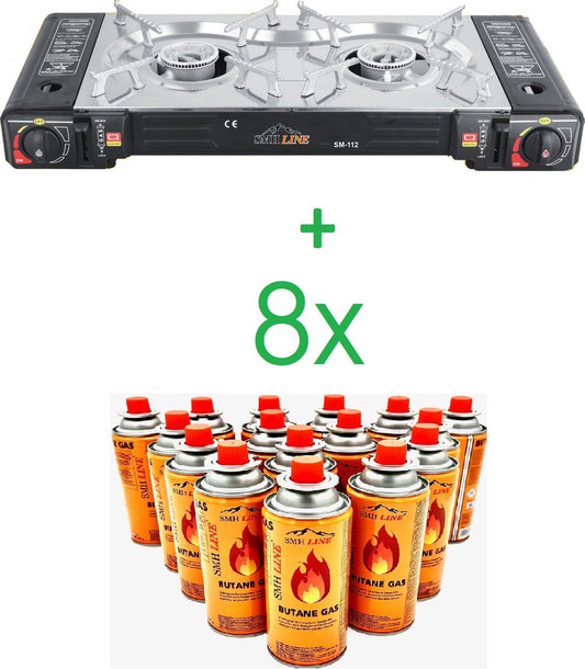  SMH LINE® Dubbele Camping Kooktoestel - 2 Pits - 2x 2500W - Incl. 8x Gasflessen