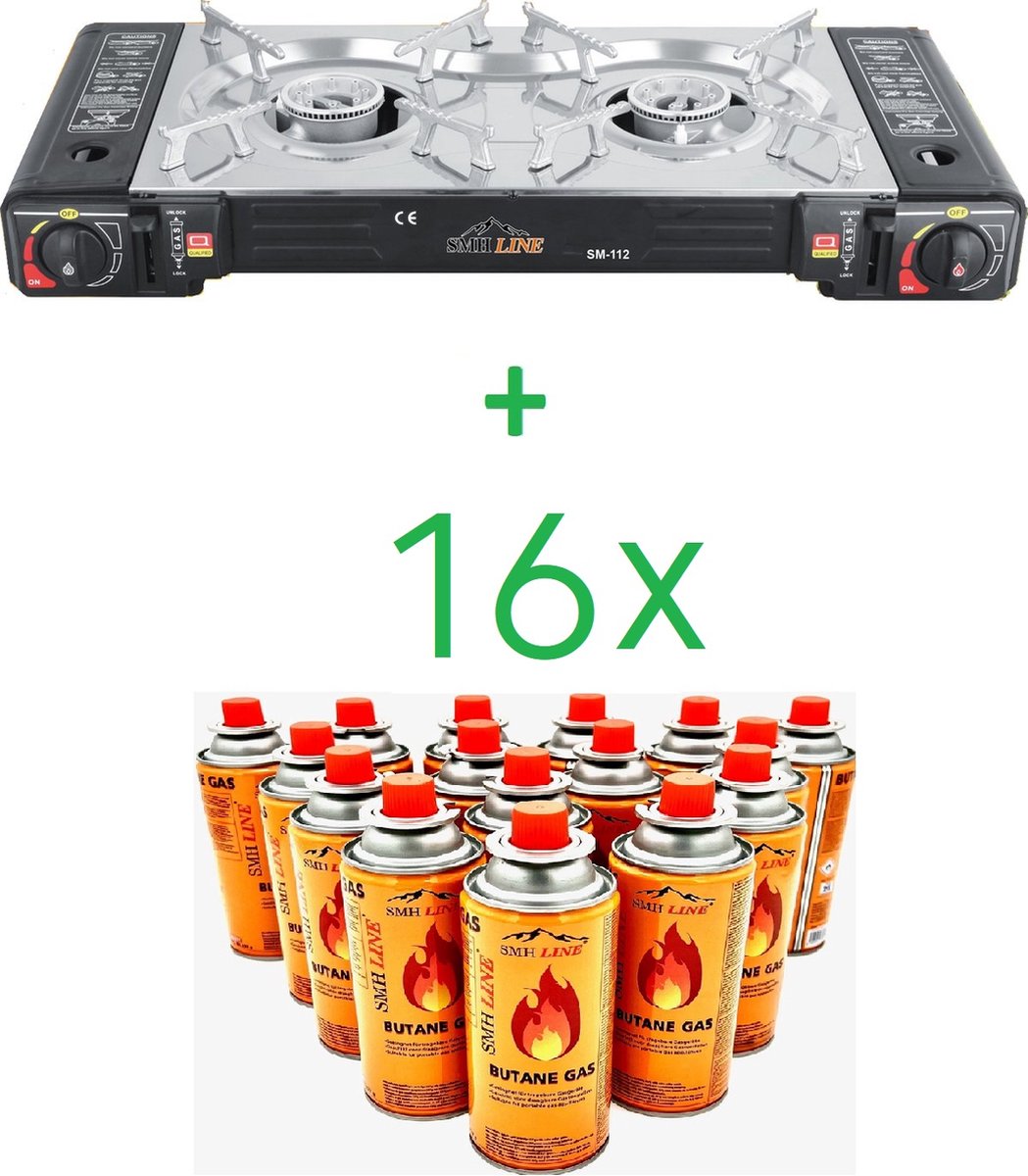 SMH LINE® Dubbele Camping Kooktoestel - 2 Pits - 2x 2500W - Incl. 16x Gasflessen