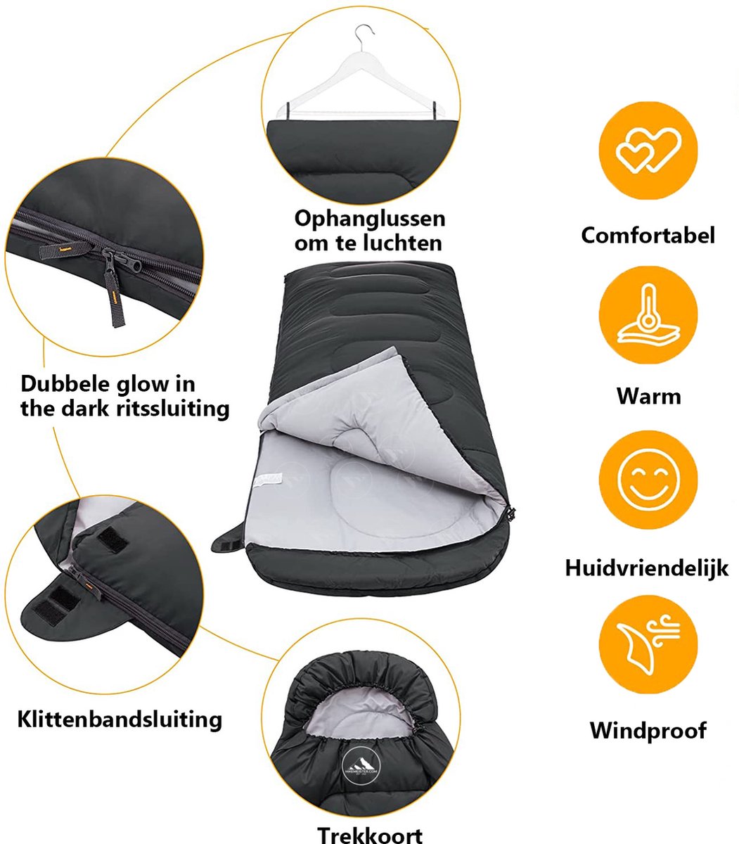  HikeMeister Mummy Slaapzak 1600 Gram - Kamperen - Zwart - Ca. 220 X 80 Cm - Met Binnenzak - Comfortzone: 0-15 Graden - Draagtas