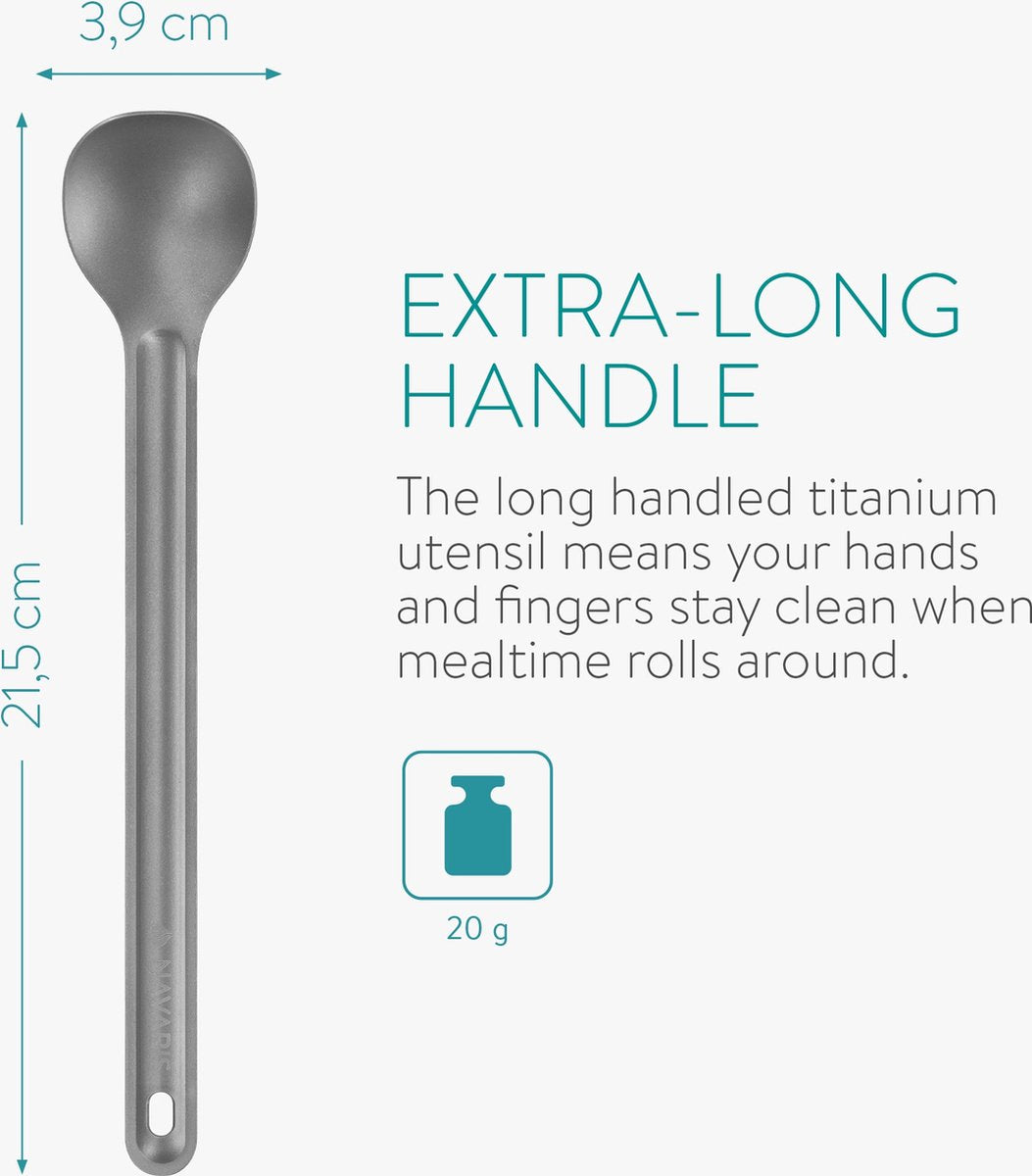  Navaris Spork En Lepel Met Extra Lange Handgreep - Campingbestek Van Titanium - Bestek Voor Onderweg - Lichtgewicht - Inclusief Bewaarzakje