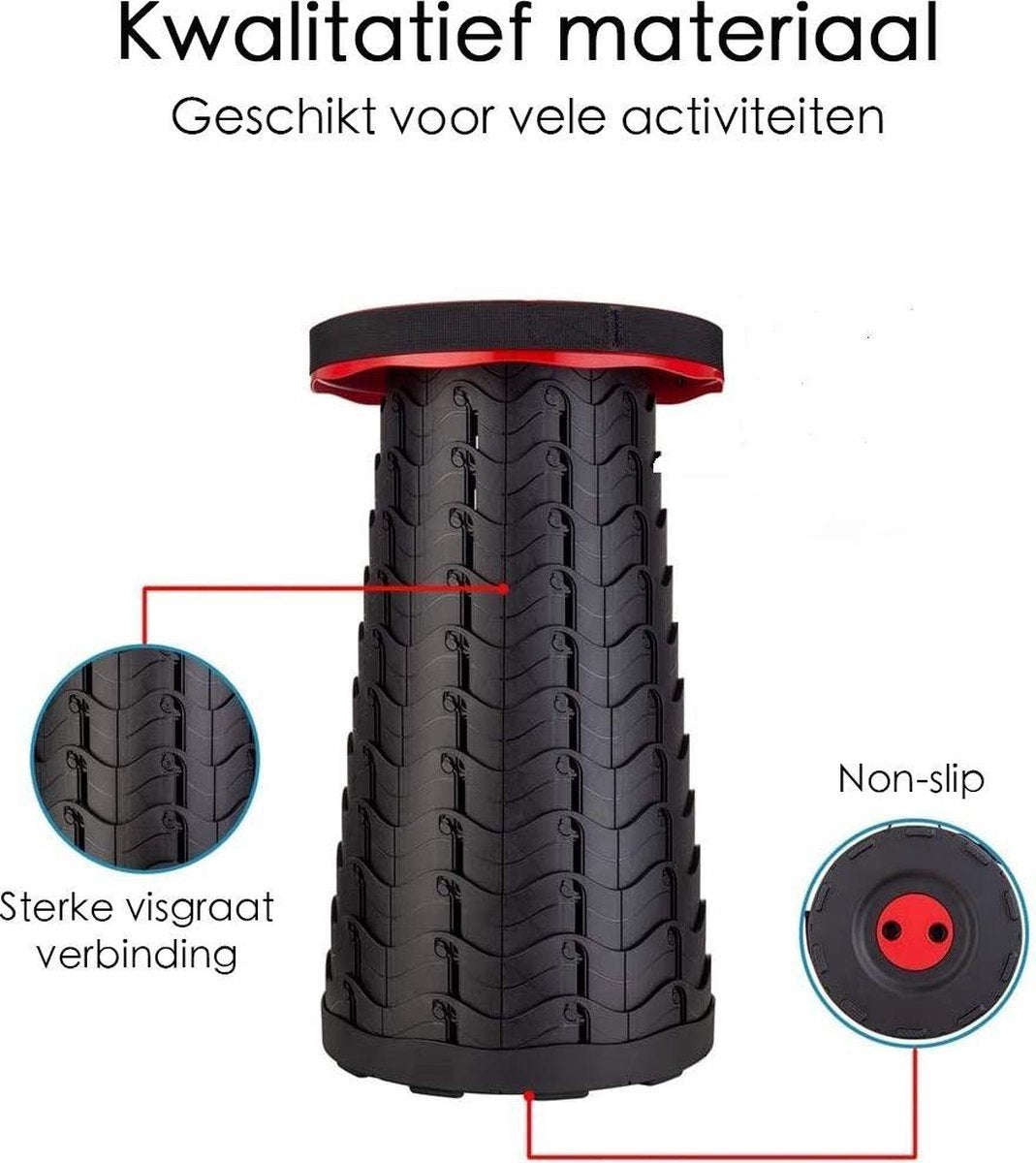  Kampeerkruk - Uitschuifbare Kruk - Rood/Zwart- Tot 120 Kg - Travel Stool - Opvouwbare Campingkruk - Inklapbaar Krukje - Telescopische Kruk - Camping - Outdoor