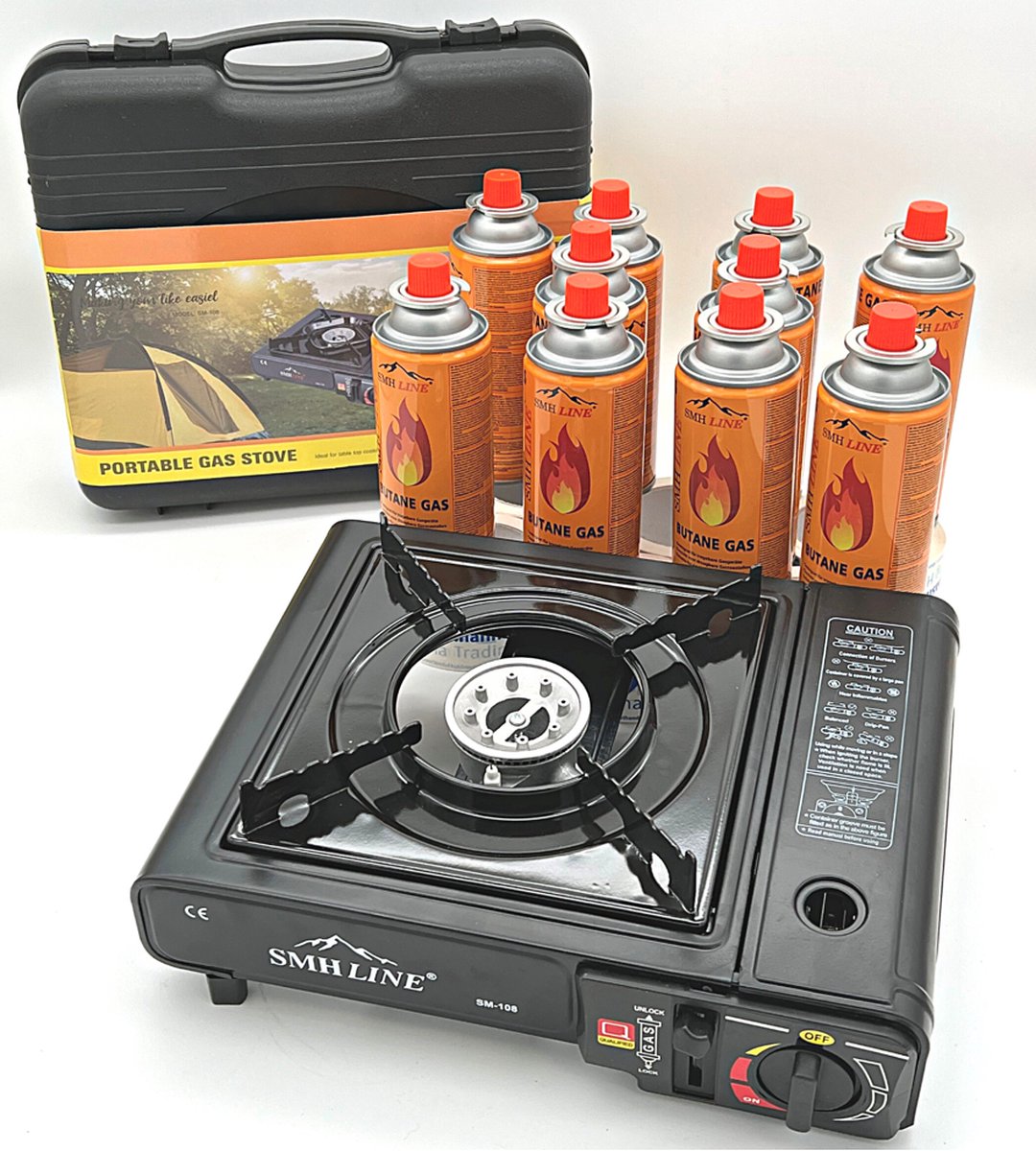  SMH LINE® Camping Kooktoestel - Draagbaar Gasfornuis - Incl. 10x Gasflessen En Koffer