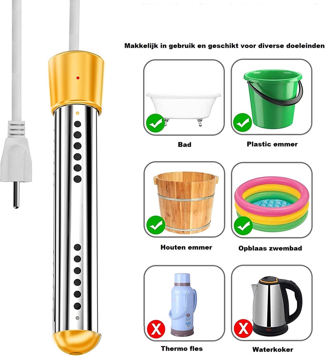  Dompelaar 2000W Incl. Thermometer &amp; Staalspons - Reisdompelaar - Emmerdompelaar - Waterkoker - Camping - Kamperen - Outdoor