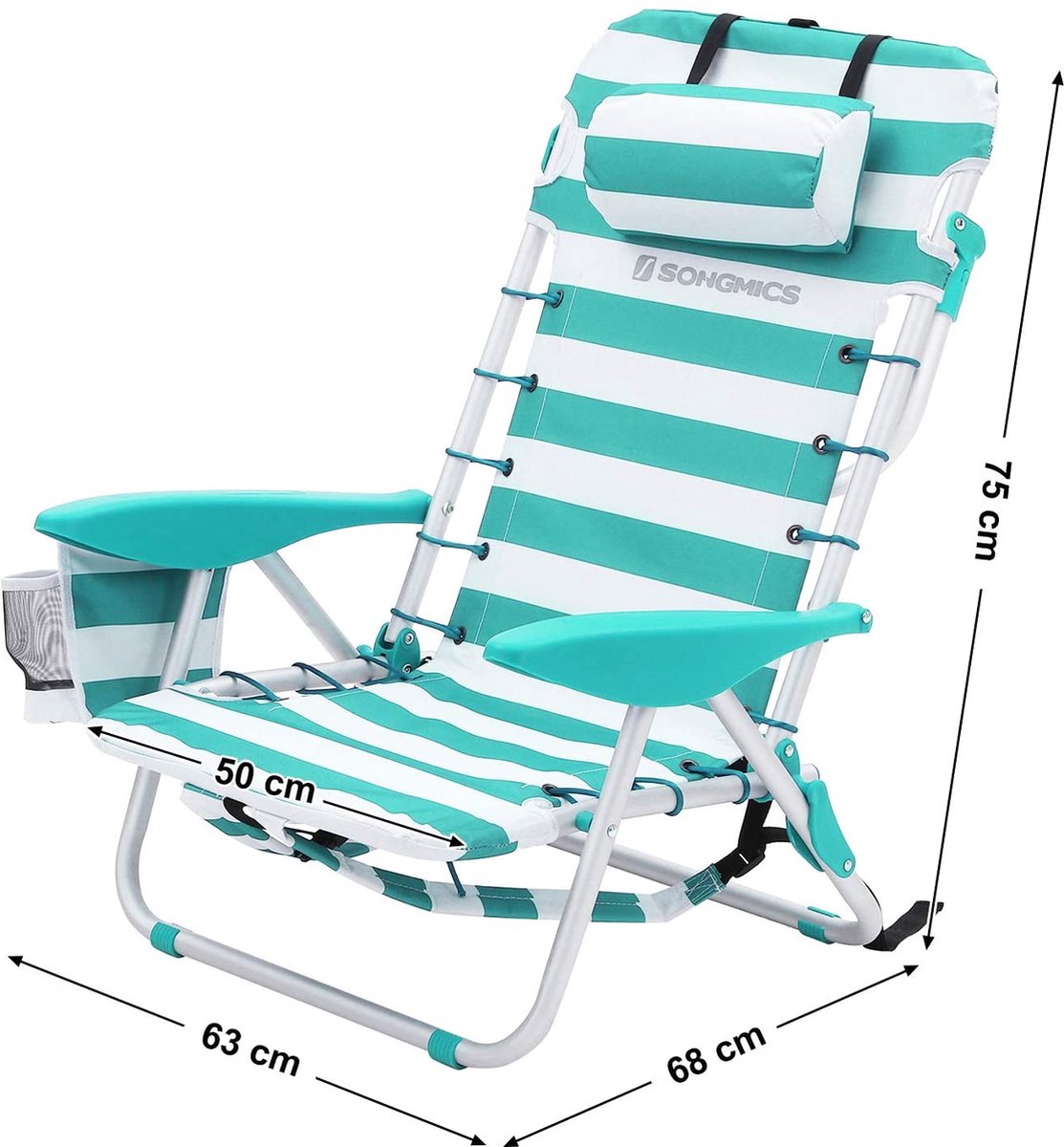  Strandstoel Met Afneembare Hoofdsteun, Draagbare Klapstoel, Campingstoel, Rugleuning Tot 180° Verstelbaar, Met Bekerhouder En Zijvak, Groene En Witte Strepen GCB62JW