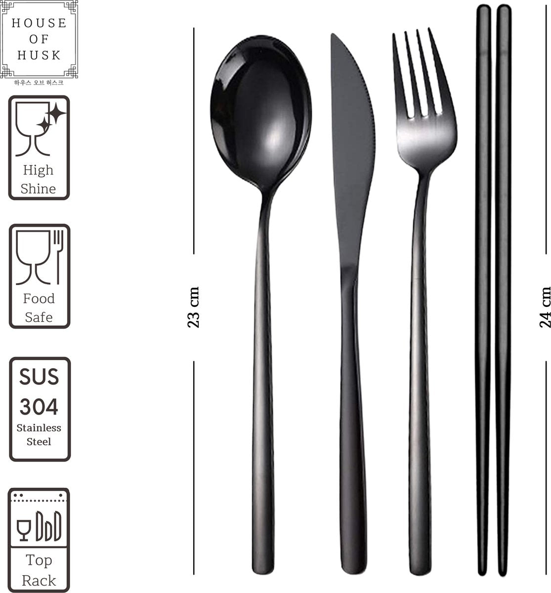  House Of Husk Reisbestek - Reis Bestekset - Chopsticks - Metalen Rietjes Met Borstel - Lepel - Vaatwasserbestendig - RVS - 7 Delig - Zwart