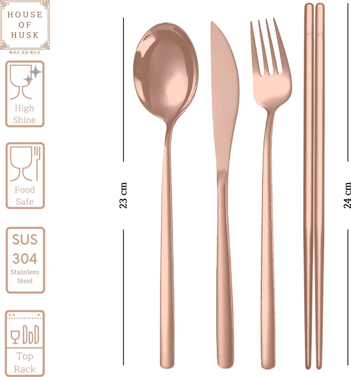  House Of Husk Reisbestek - Reis Bestekset - Chopsticks - Metalen Rietjes Met Borstel - Lepel - Vaatwasserbestendig - RVS - 7 Delig - Rose Goud