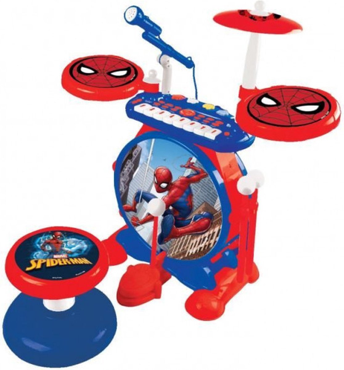  Lexibook Spider-Man Elektronische Drumkit Voor Kinderen, Realistisch Drumgeluid, 8-toetsen Toetsenbord, Mp3-stekker, Inclusief Stoel, Blauw/rood, K610SP