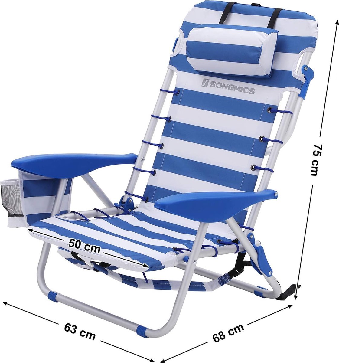  Naqsh Store Strandstoel Met Hoofdkussen, Aluminium, Draagbare Vouwstoel, Campingstoel, Opvouwbaar En Verstelbaar, Zoals Een Rugzak Draagbaar, Buitenstoel, Blauw En Wit Gestreept GCB62BU