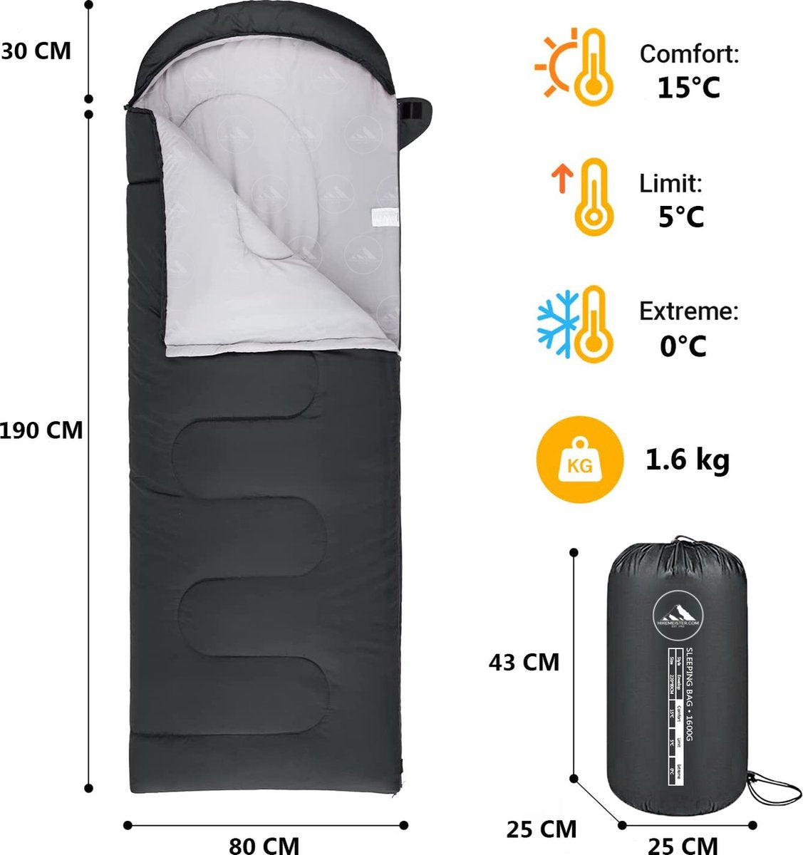  HikeMeister Mummy Slaapzak 1600 Gram - Kamperen - Zwart - Ca. 220 X 80 Cm - Met Binnenzak - Comfortzone: 0-15 Graden - Draagtas
