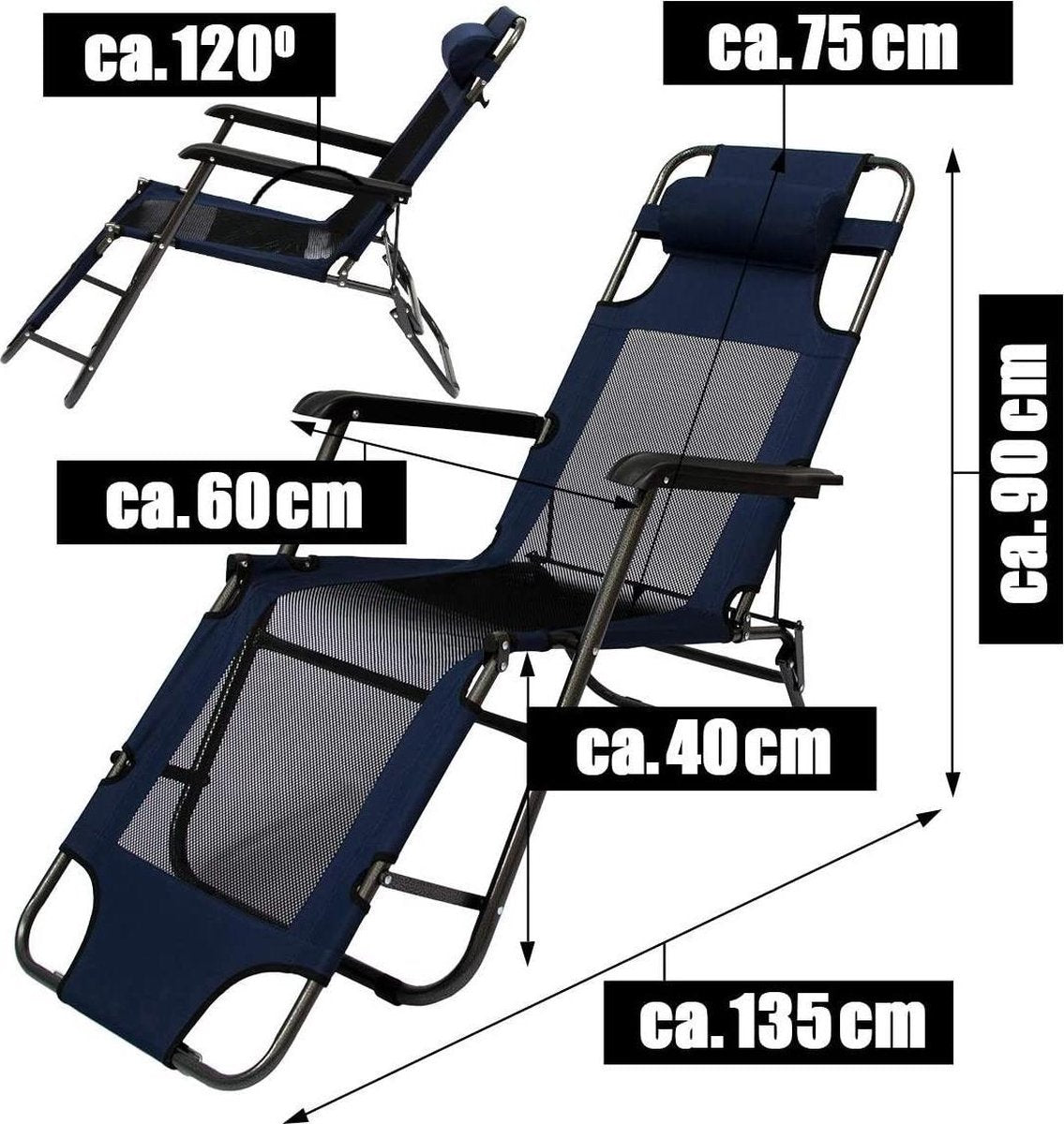  Ligstoel 180x60cm - Opvouwbaar Campingstoel Ligbed Strandstoel Tuinstoel Vouwligstoel Blauw