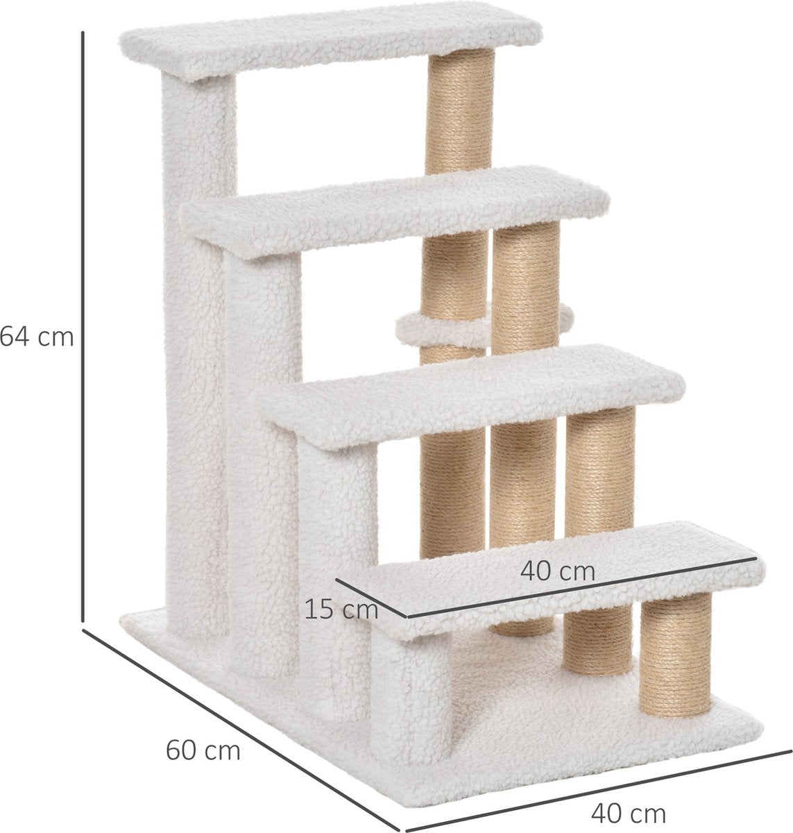  PawHut Huisdierentrap Met Krabpaal Bal 4 Treden Kattentrap Dierentrap Pluche Jute D06-093