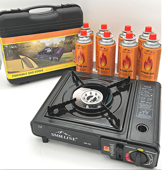  Camping Kooktoestel - Draagbaar Gasfornuis - Incl. 8x Gasflessen En Koffer