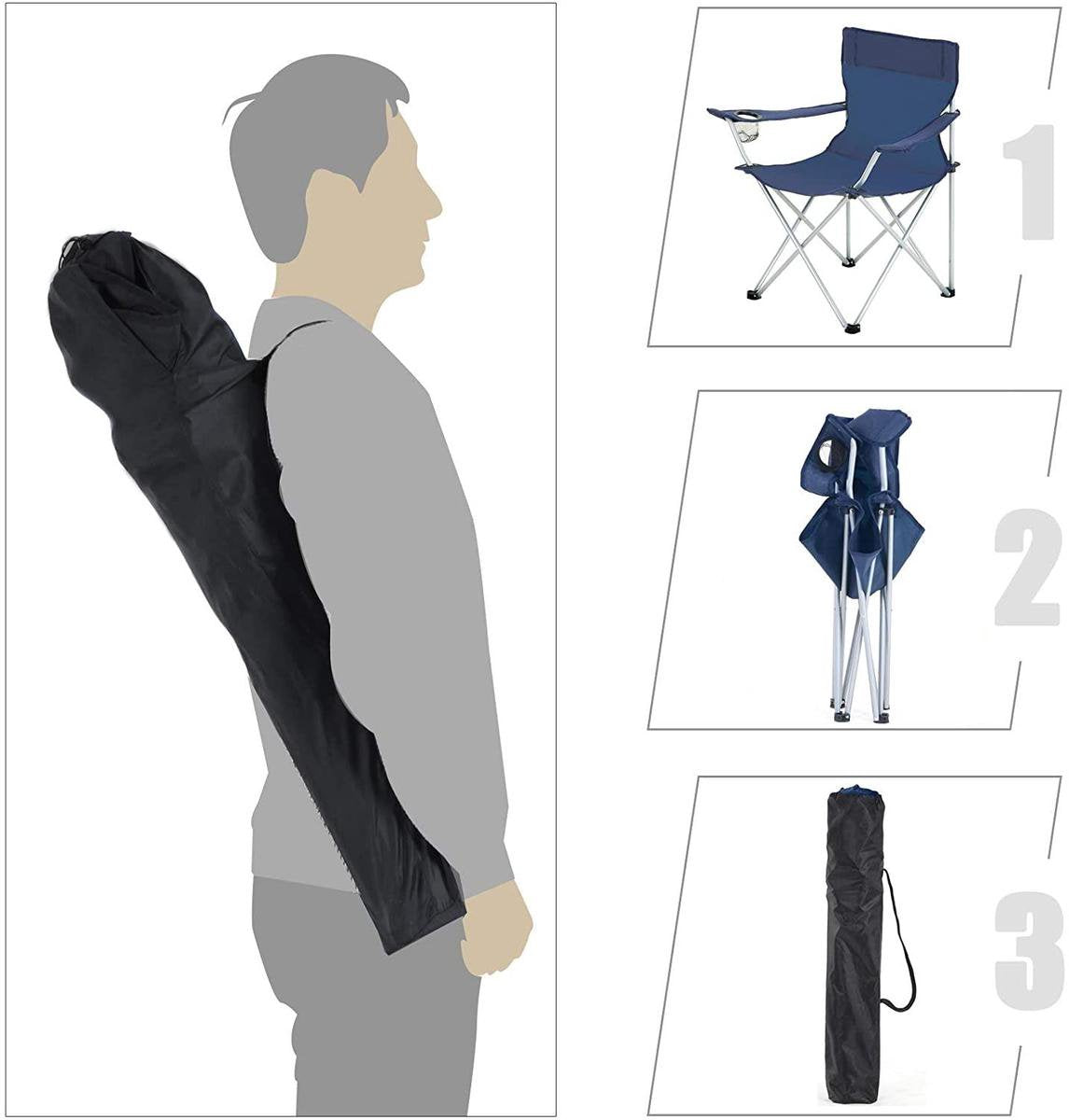  Set Van 2 Opvouwbare Campingstoelen, Klapstoelen Voor Buiten, Comfortabel, Met Armleuningen En Bekerhouders, Stabiel Frame, Draagvermogen 120 Kg - Blauw