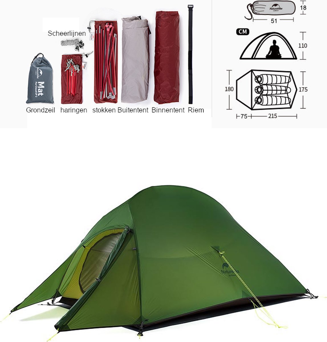 Cloud Up 3 Upgraded - Naturehike® - Tent 3 Persoons - Lichtgewicht Tent - Incl. Grondzeil - 20D 4000MM - Outdoor Kampeertent - Waterdicht - Hiking &amp; Wandelen