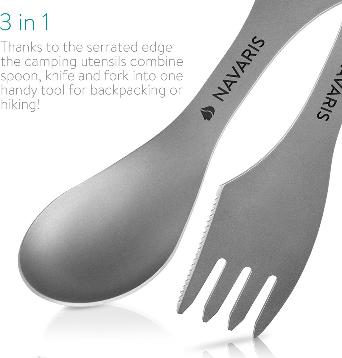  Navaris 2x Spork Titanium Campingbestek - Vork, Mes En Lepel In één - Bestek Voor Onderweg En Op Reis - Lichtgewicht - Inclusief Bewaarzakje