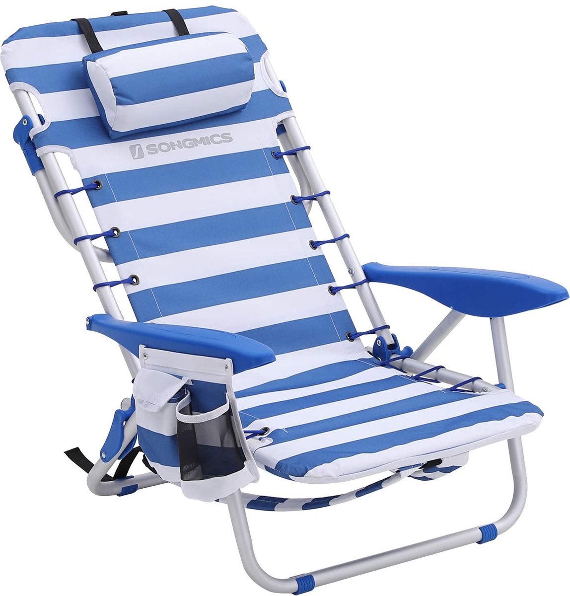  Naqsh Store Strandstoel Met Hoofdkussen, Aluminium, Draagbare Vouwstoel, Campingstoel, Opvouwbaar En Verstelbaar, Zoals Een Rugzak Draagbaar, Buitenstoel, Blauw En Wit Gestreept GCB62BU