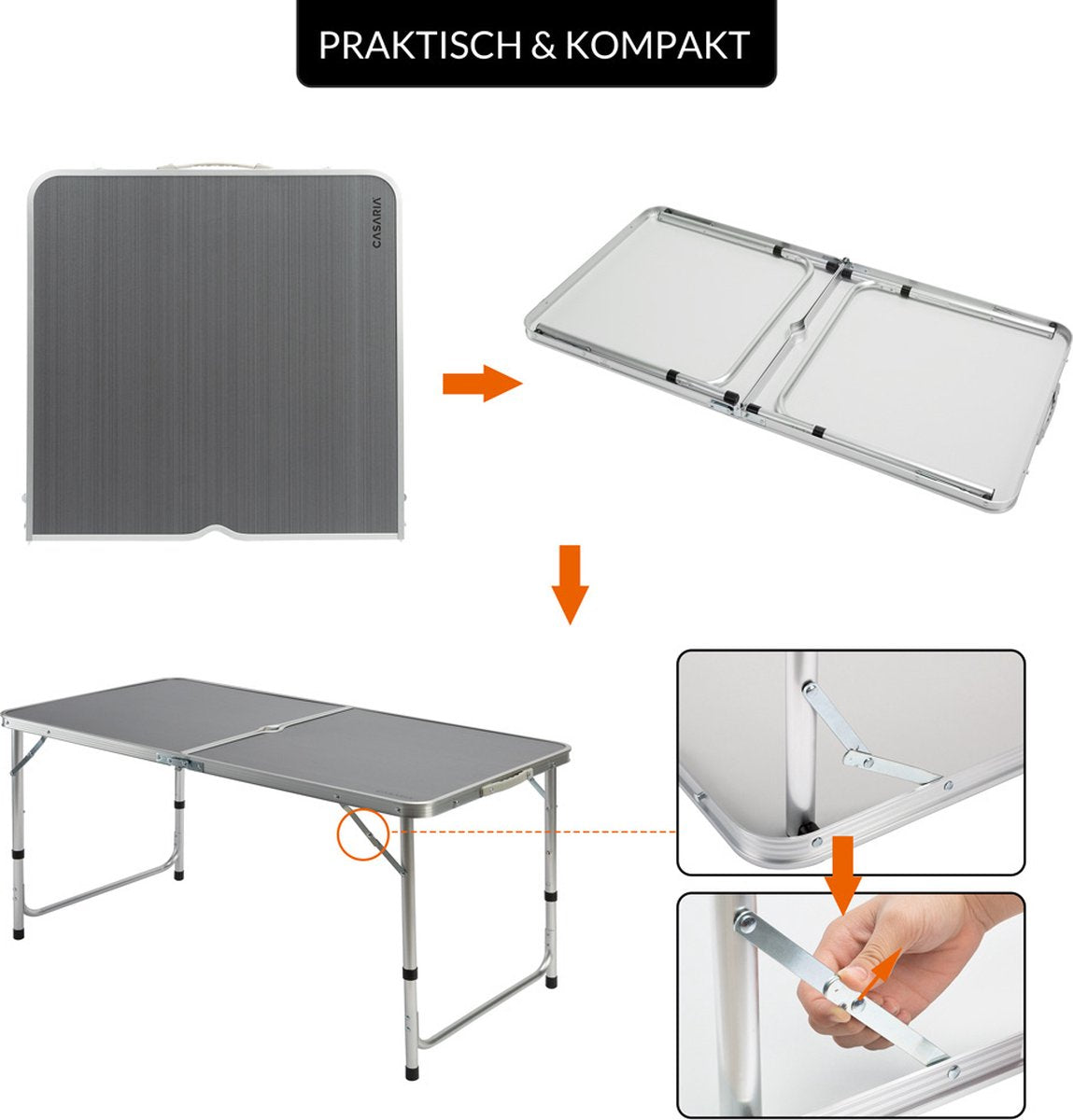  Casaria Campingtafel – Inklapbaar Verstelbaar - 120x60x70 Cm Grijs