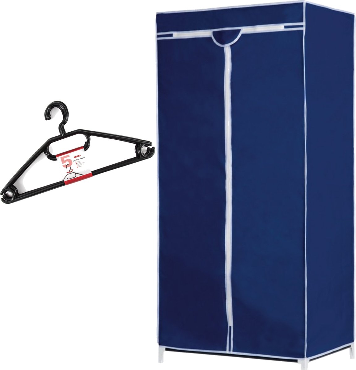 Merkloos Set Van Mobiele Opvouwbare Kledingkast Met Blauwe Hoes 160 Cm En 5x Plastic Kledinghangers Zwart
