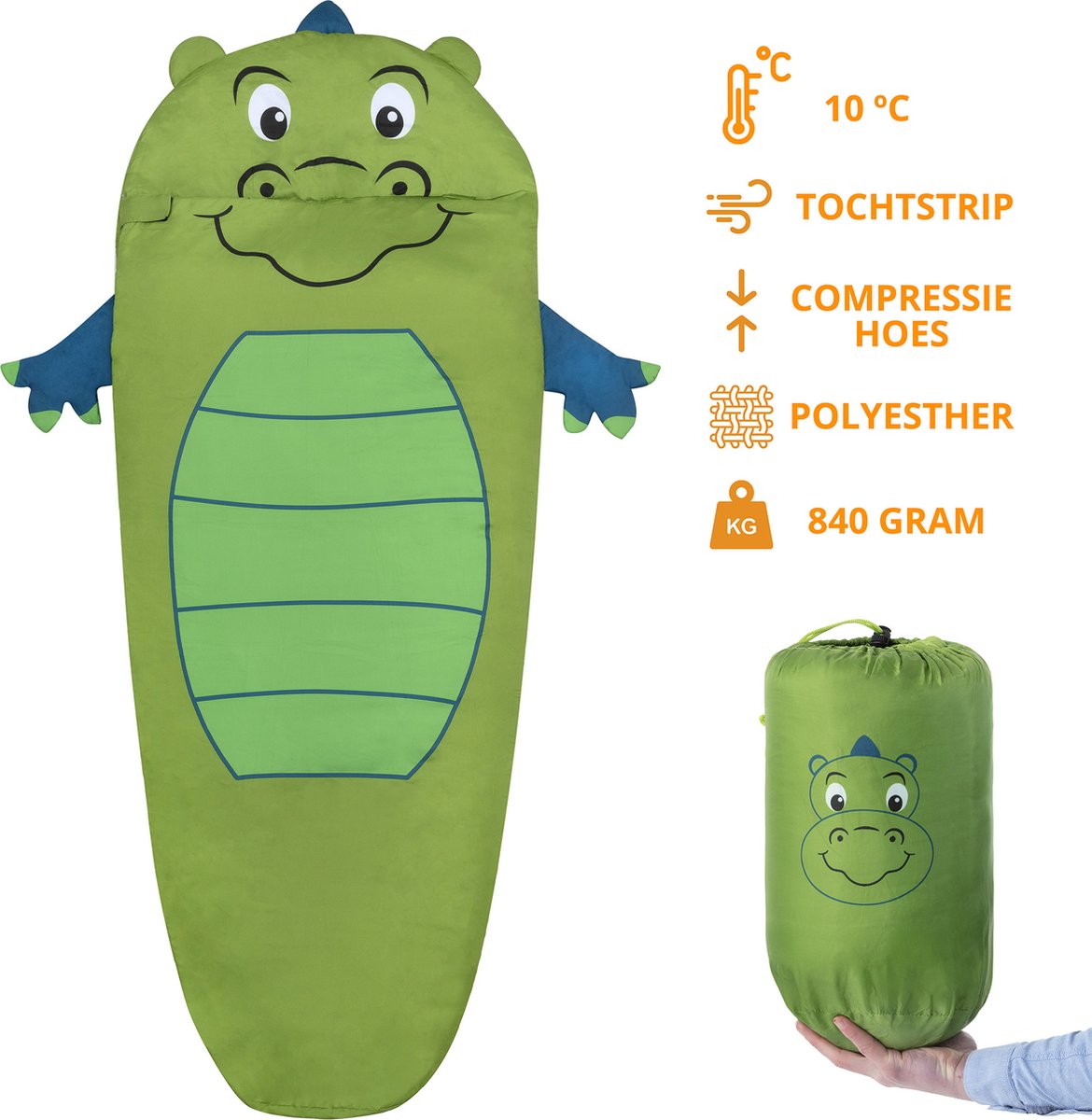  Dutch Mountains Kinderslaapzak Nijlpaard - 170 X 70cm Polyester - Zacht Lichtgewicht – Opberghoes