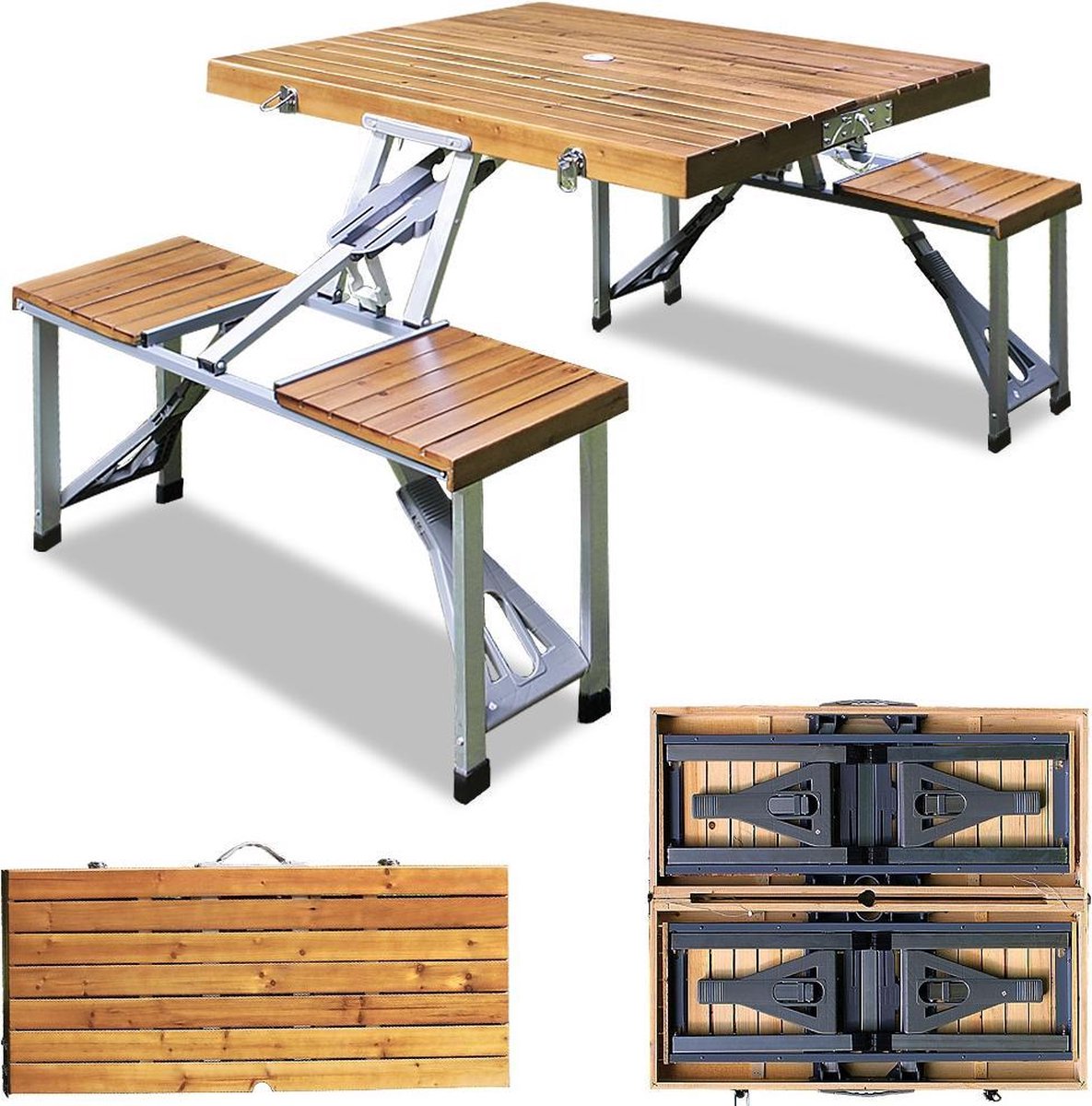 Merkloos Deuba Picknicktafel Campingtafel - Opvouwbaar Voor 4 Personen - Hout En Aluminium