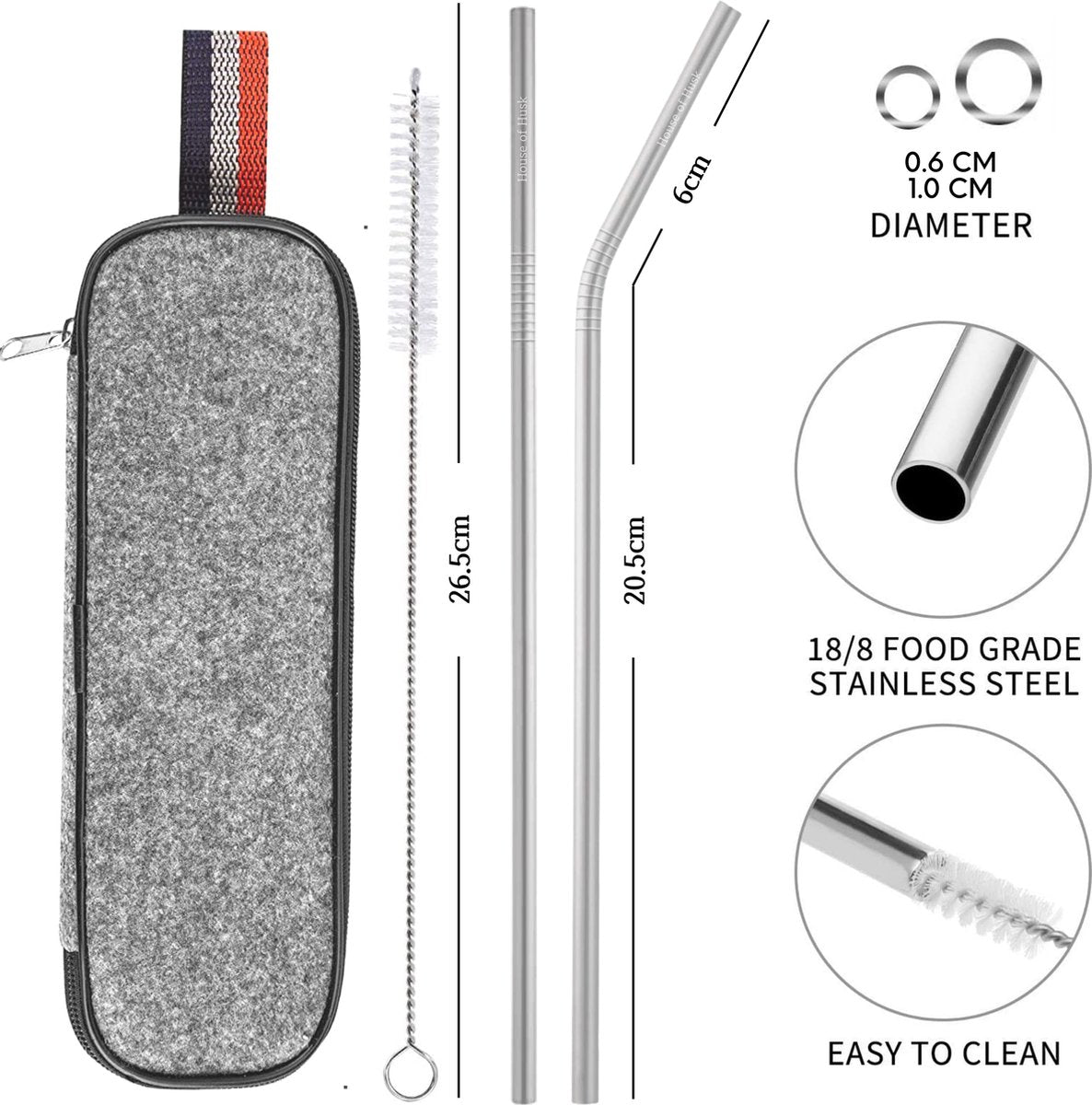  House Of Husk Reisbestek - Reis Bestekset - Chopsticks - Metalen Rietjes Met Borstel - Lepel - Vaatwasserbestendig - RVS - 7 Delig - Zilver
