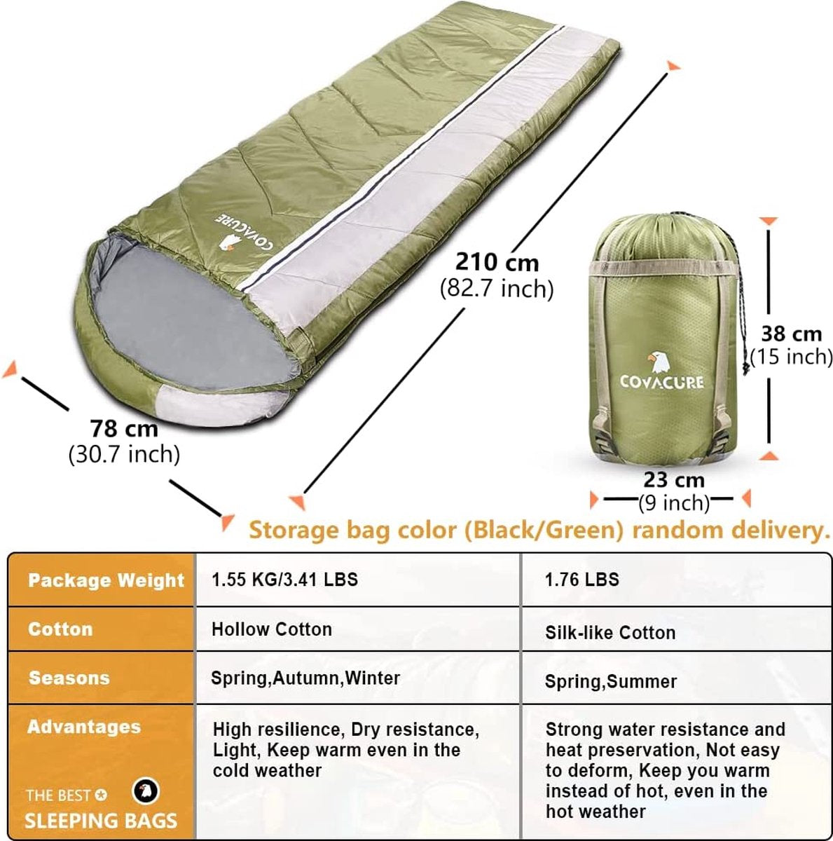  COVACURE 1.5/0.8kg Slaapzak, 3 Seizoenen Ultra Warm &amp; Lichtgewicht Slaapzak Voor Volwassenen, Envelop Compacte Outdoor Slaapzakken Met Draagbare Compressie Tas Voor Camping, Rugzakken, Wandelen...