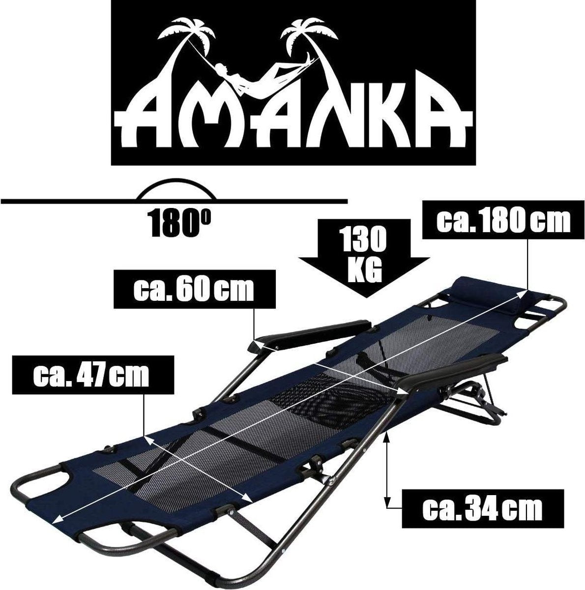  Ligstoel 180x60cm - Opvouwbaar Campingstoel Ligbed Strandstoel Tuinstoel Vouwligstoel Blauw
