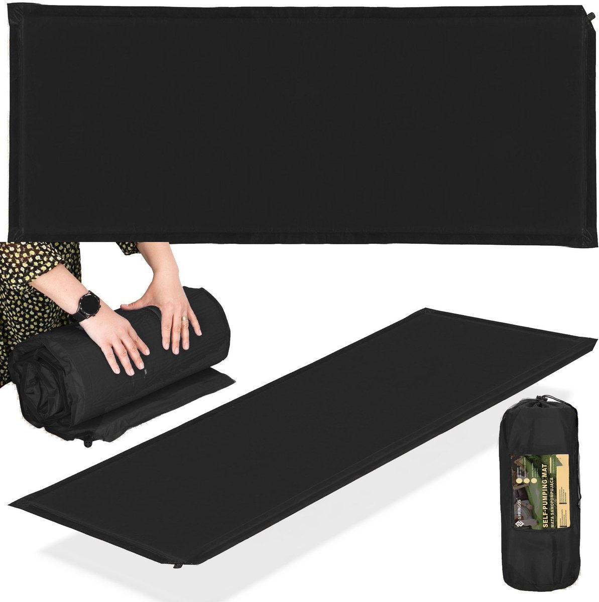  Springos Slaapmat | Zelfopblazend | 180 Cm | Inclusief Hoes | Zwart