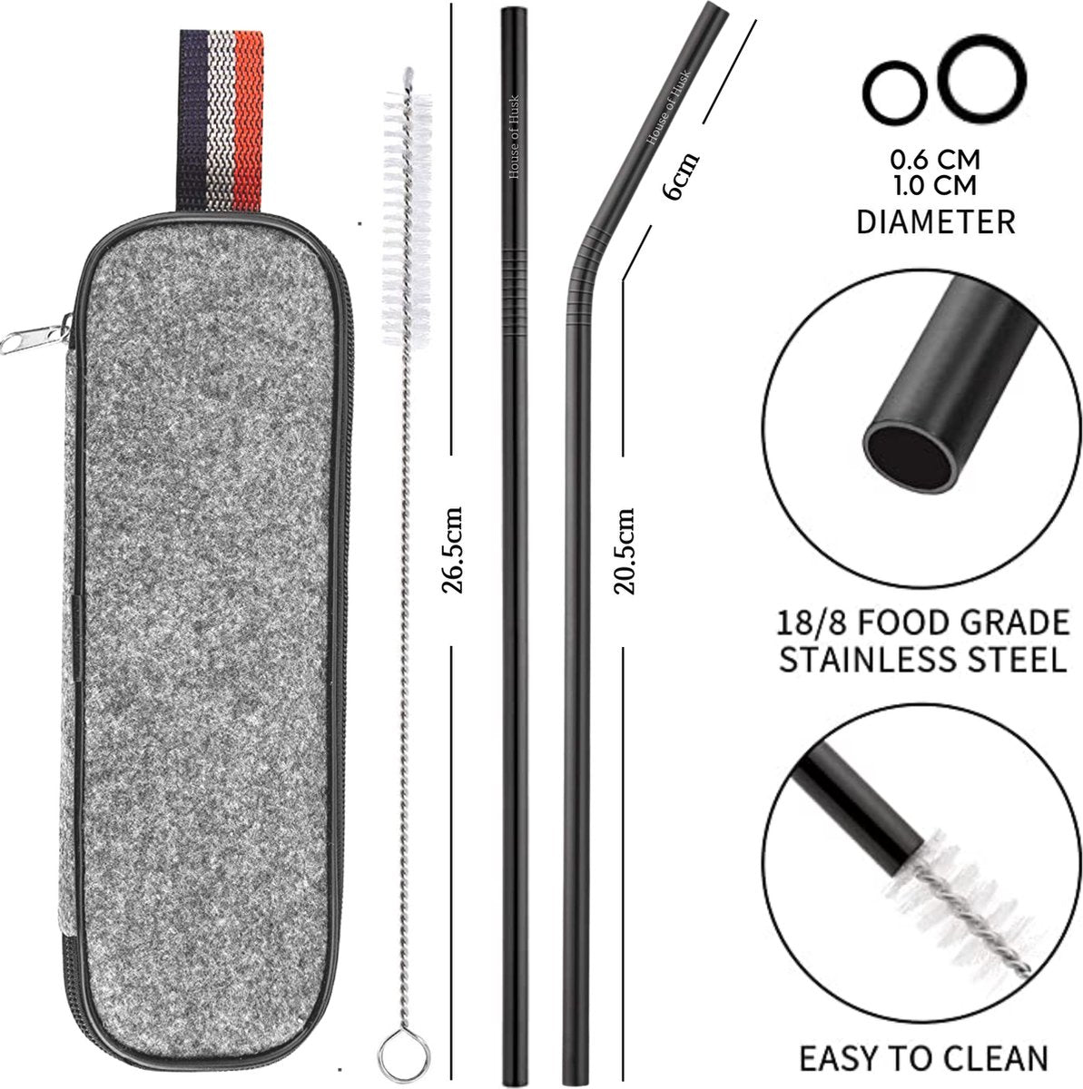  House Of Husk Reisbestek - Reis Bestekset - Chopsticks - Metalen Rietjes Met Borstel - Lepel - Vaatwasserbestendig - RVS - 7 Delig - Zwart