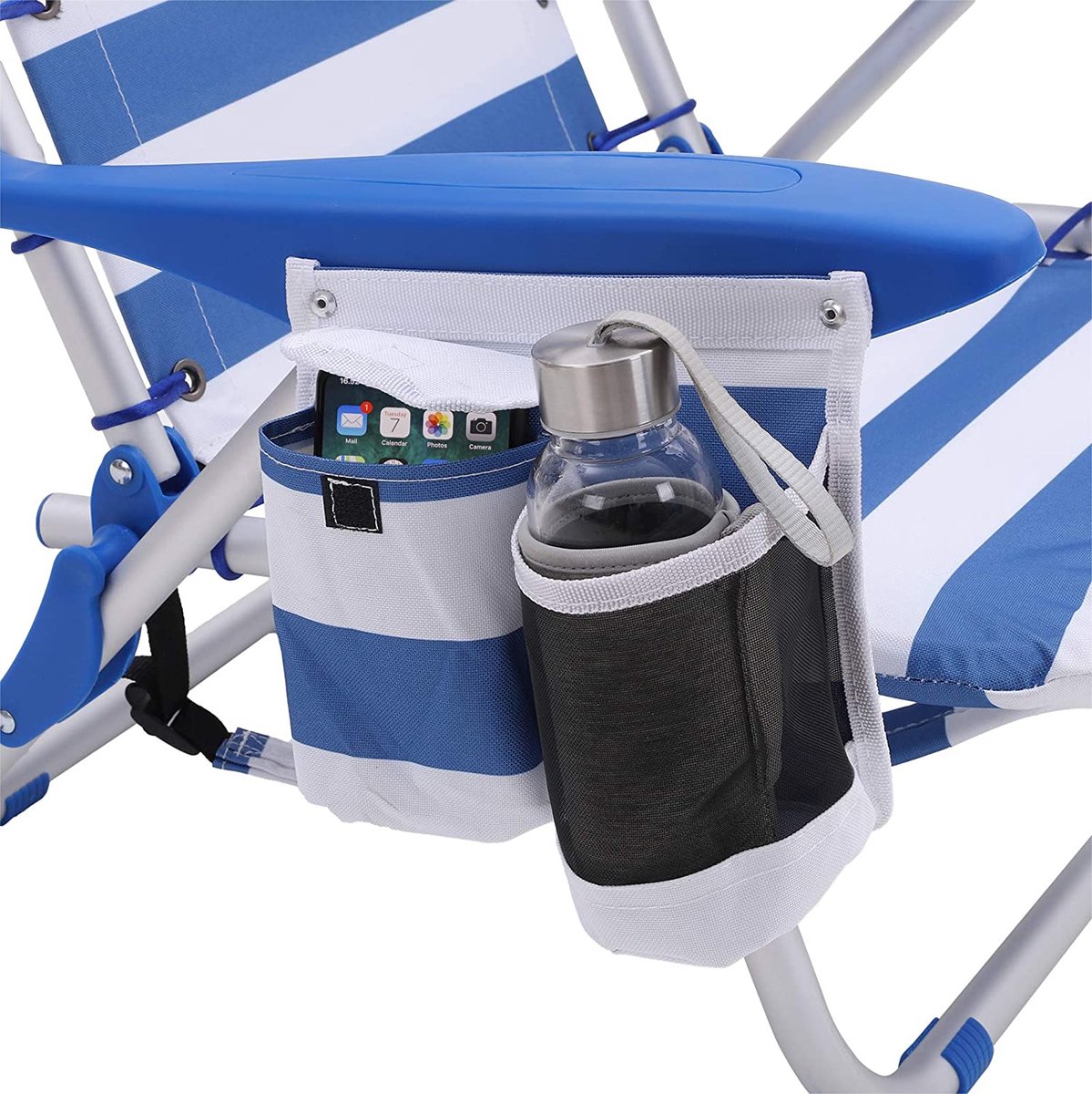  Naqsh Store Strandstoel Met Hoofdkussen, Aluminium, Draagbare Vouwstoel, Campingstoel, Opvouwbaar En Verstelbaar, Zoals Een Rugzak Draagbaar, Buitenstoel, Blauw En Wit Gestreept GCB62BU