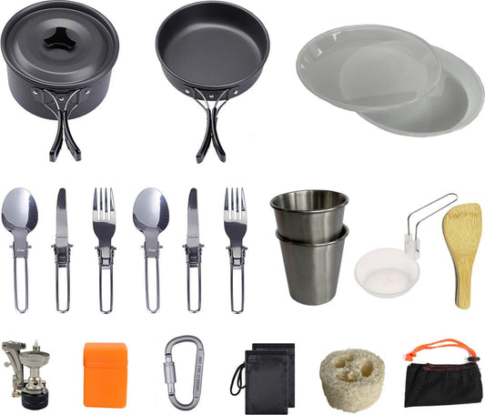  Hikr® Camping Pannenset - Complete 22-delige Kookset - Lichtgewicht - Kookgerei Servies - Outdoor - BPA-vrij - Keukengerei Set
