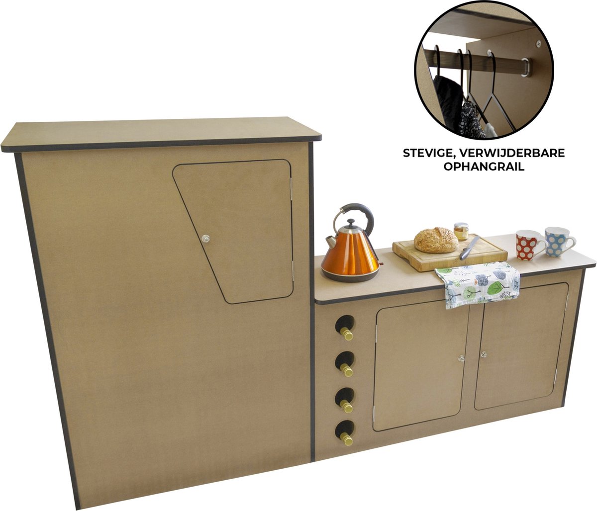  Camper Keuken MDF - Linkerkant EU - Inclusief Kledingstang + Wijnrek - Onbewerkt - Inbouw Kasten Inrichting Kampeerauto Caravan