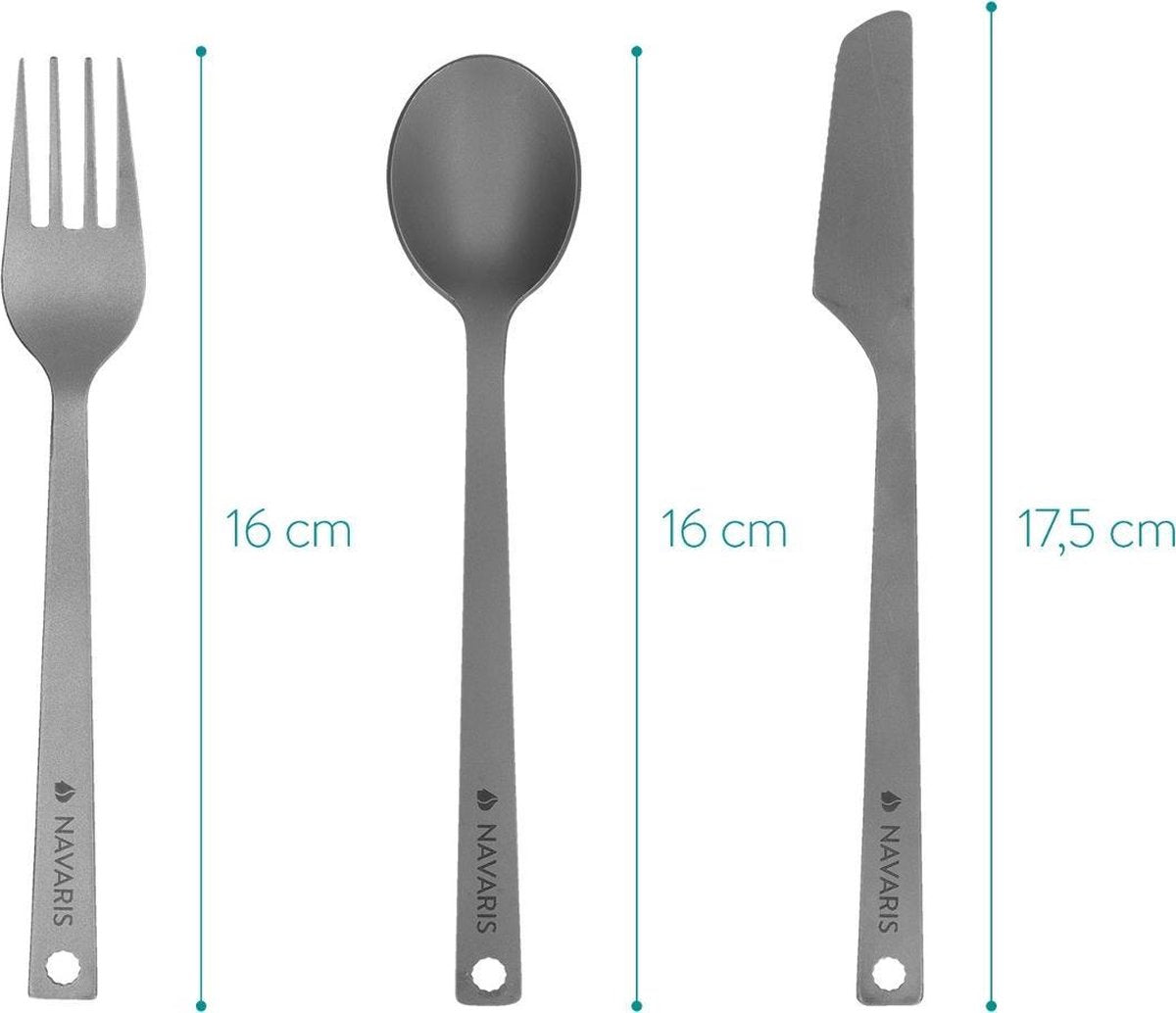  Navaris Campingbestek Van Titanium - Set Met Vork, Mes En Lepel - Bestekset Voor Onderweg En Op Reis - Inclusief Karabijnhaak En Bewaarzakje