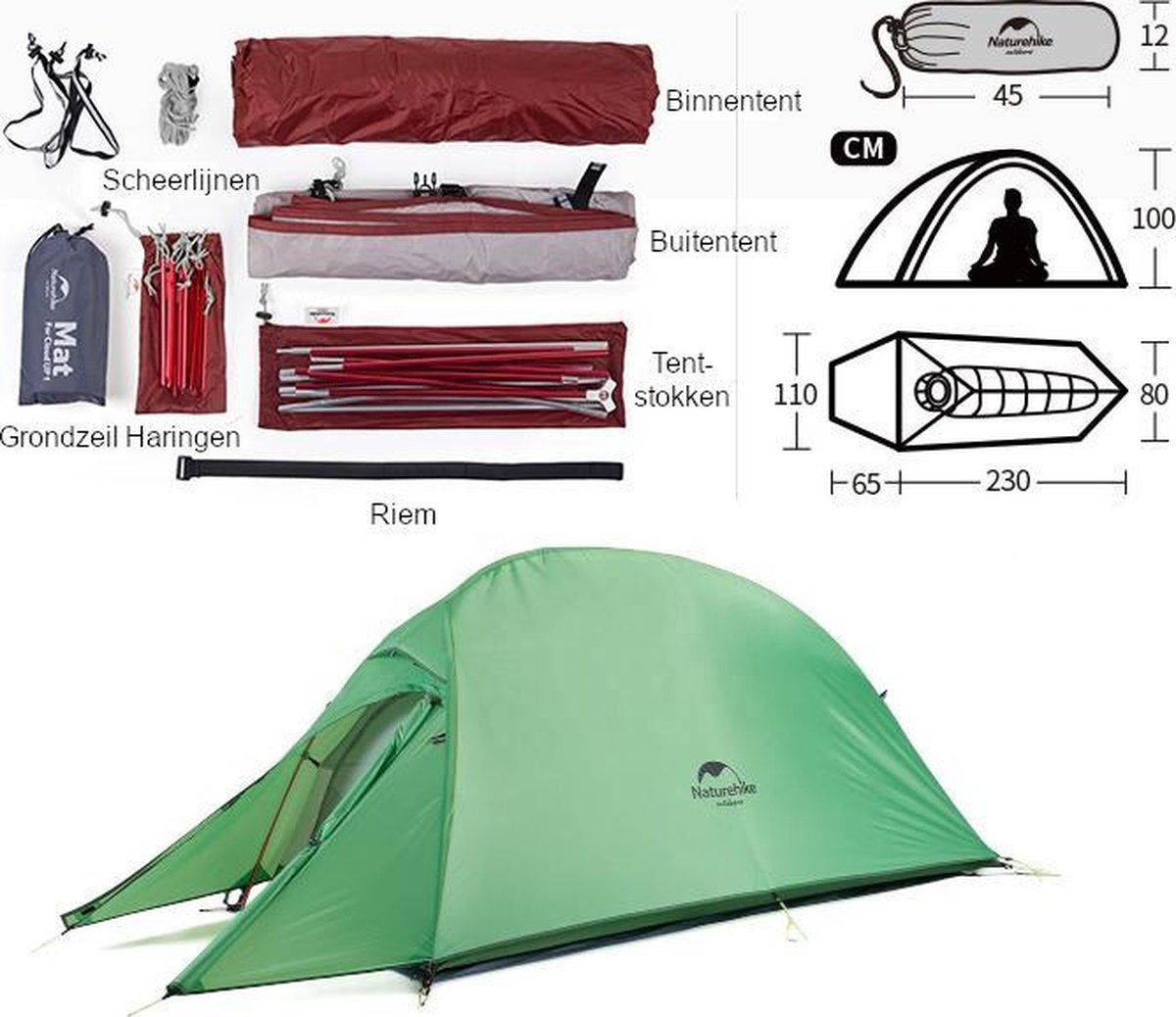  Cloud Up 1 Upgraded - Naturehike® - 1 Persoons Tent - Lichtgewicht Tent - Incl. Grondzeil - 210T 3000mm - Outdoor - Waterdicht - Hiking &amp; Wandelen