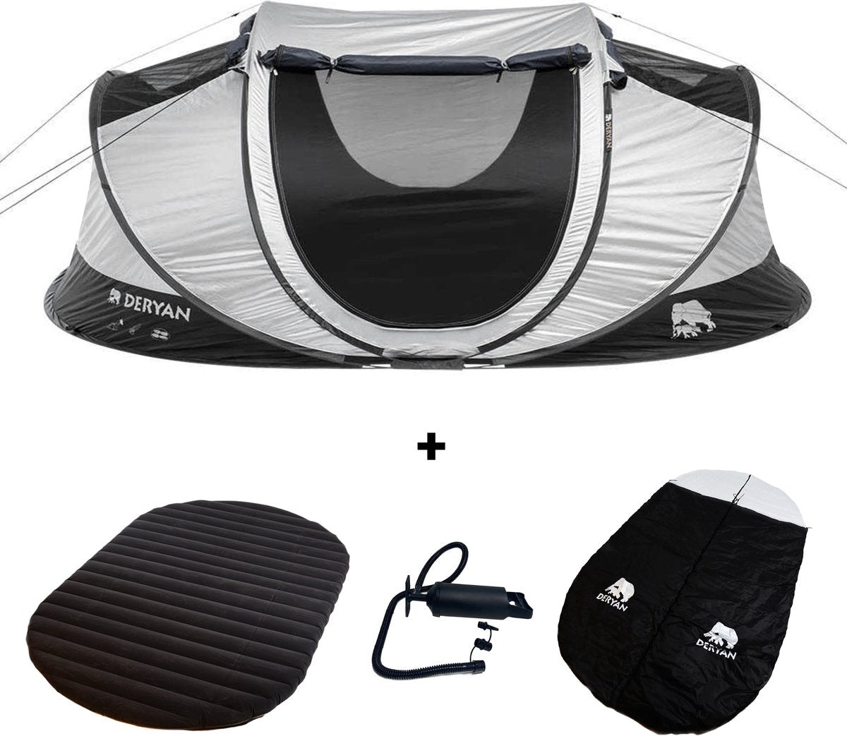  Deryan Cocoon Pop Up Tent - Slaapzak - Luchtbed - Luchtpomp - 4 Persoons - Zilver